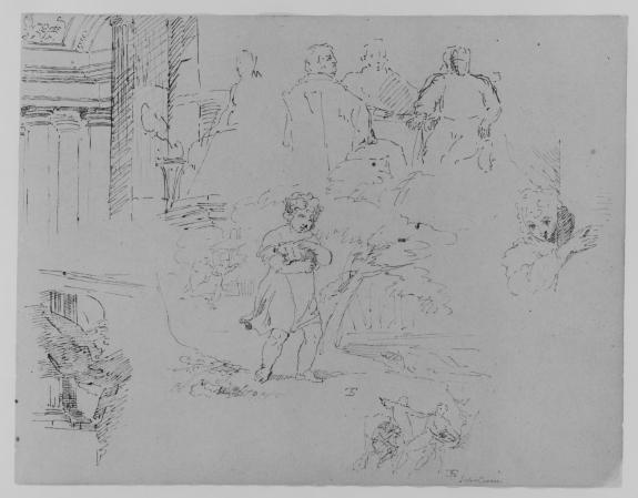 Buy Museum Art Reproductions Two Architectural Sketches; Three Men Seated at Table; Child Holding Pet in Landscape; Figure Appearing Behind Corner; Scene from Julius Ceasar by Thomas Sully (1783-1872, United Kingdom) | ArtsDot.com