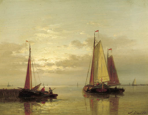 Buy Museum Art Reproductions Sailing Vessels Near A Jetty At Dusk by Abraham Hulk Senior (1813-1897, Netherlands) | ArtsDot.com
