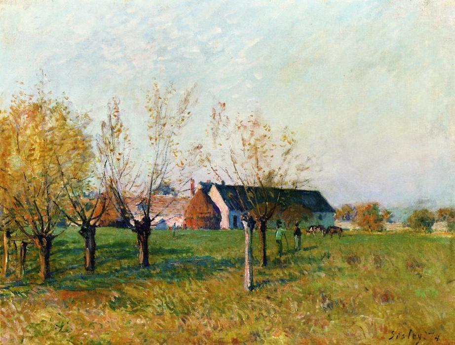 Buy Museum Art Reproductions The Farm at Trou d Enfer, Autumn Morning, 1874 by Alfred Sisley (1839-1899, France) | ArtsDot.com
