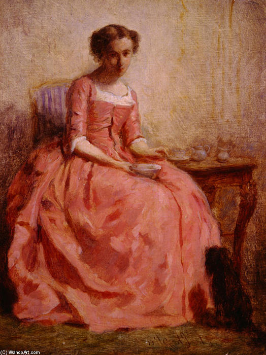 Order Art Reproductions Girl in a Pink Dress Reading, with a Dog by Charles Chaplin (Inspired By) (1889-1977, France) | ArtsDot.com