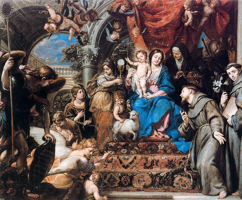 Order Paintings Reproductions La Virgen y el Niño entre las virtudes teologales y santos by Claudio Coello (1642-1693, Spain) | ArtsDot.com