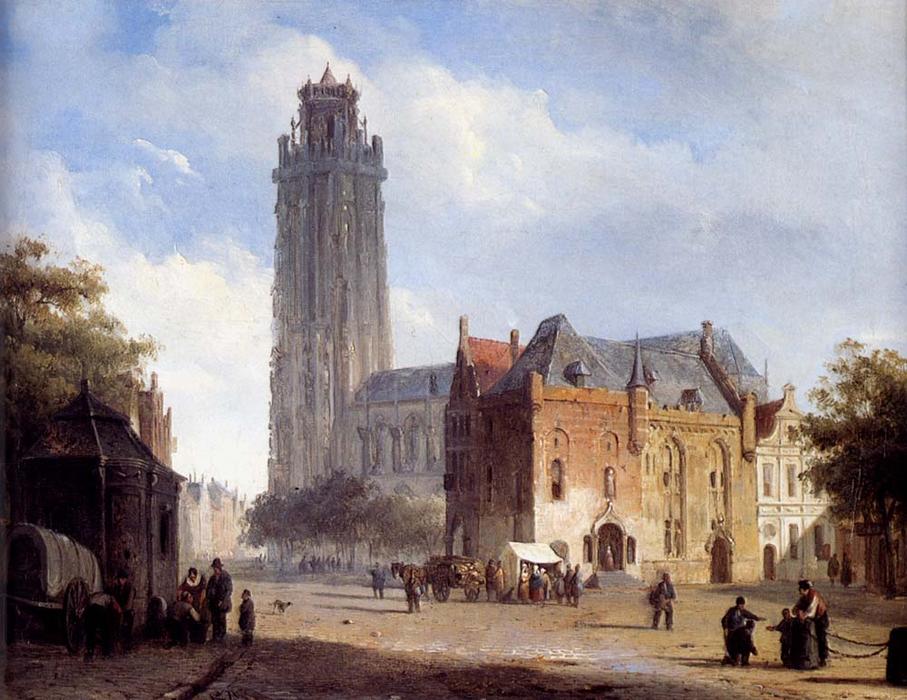 Order Oil Painting Replica A Cathedral On A Townsquare In Summer, 1846 by Cornelis Springer (1817-1891) | ArtsDot.com