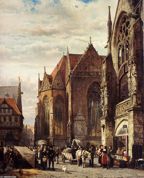 Buy Museum Art Reproductions Many Figures On The Market Square In Front Of The Martinikirche, Braunschweig by Cornelis Springer (1817-1891) | ArtsDot.com