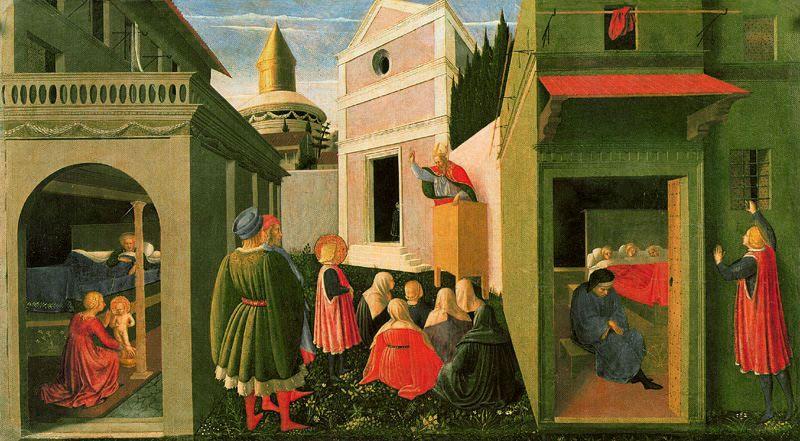 Buy Museum Art Reproductions El Nacimiento de San Nicolás, su vocación y la distribución de limosna by Fra Angelico (1395-1455, Italy) | ArtsDot.com
