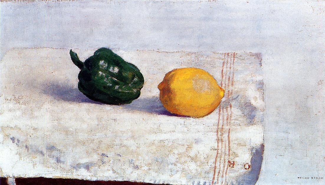 Order Oil Painting Replica Pepper and Lemon on a White Tablecloth, 1901 by Odilon Redon (1840-1916, France) | ArtsDot.com