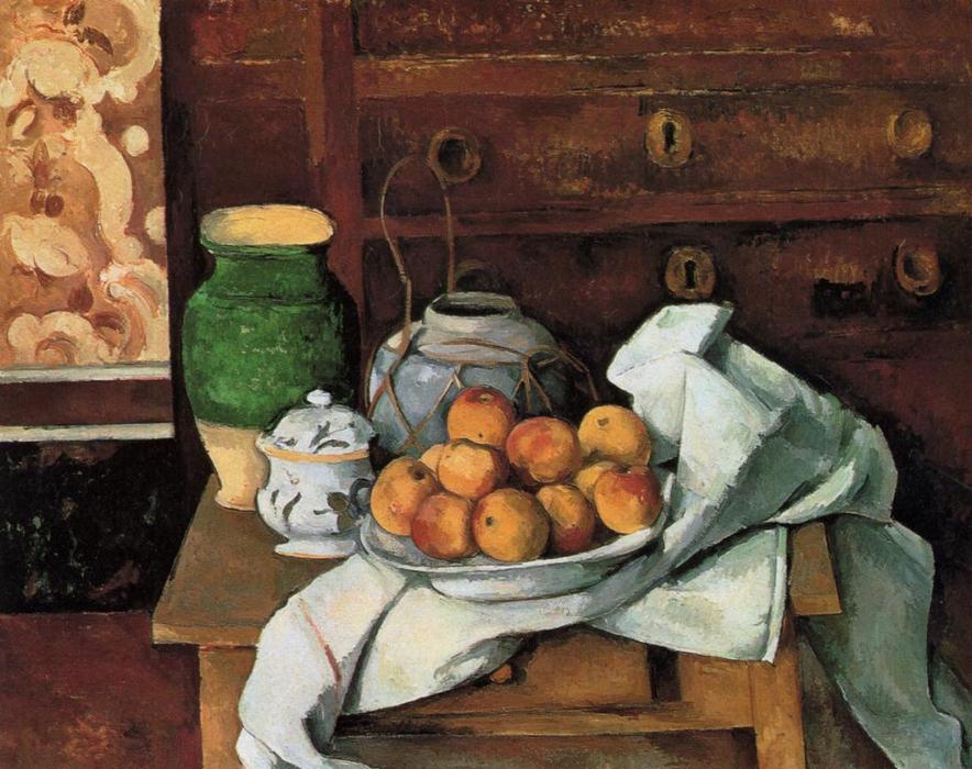 Order Paintings Reproductions Vessels, Fruit and Cloth in front of a Chest, 1883 by Paul Cezanne (1839-1906, France) | ArtsDot.com