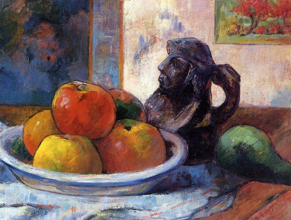 Order Paintings Reproductions Still Life with Apples, Pear and Ceramic Portrait Jug, 1889 by Paul Gauguin (1848-1903, France) | ArtsDot.com