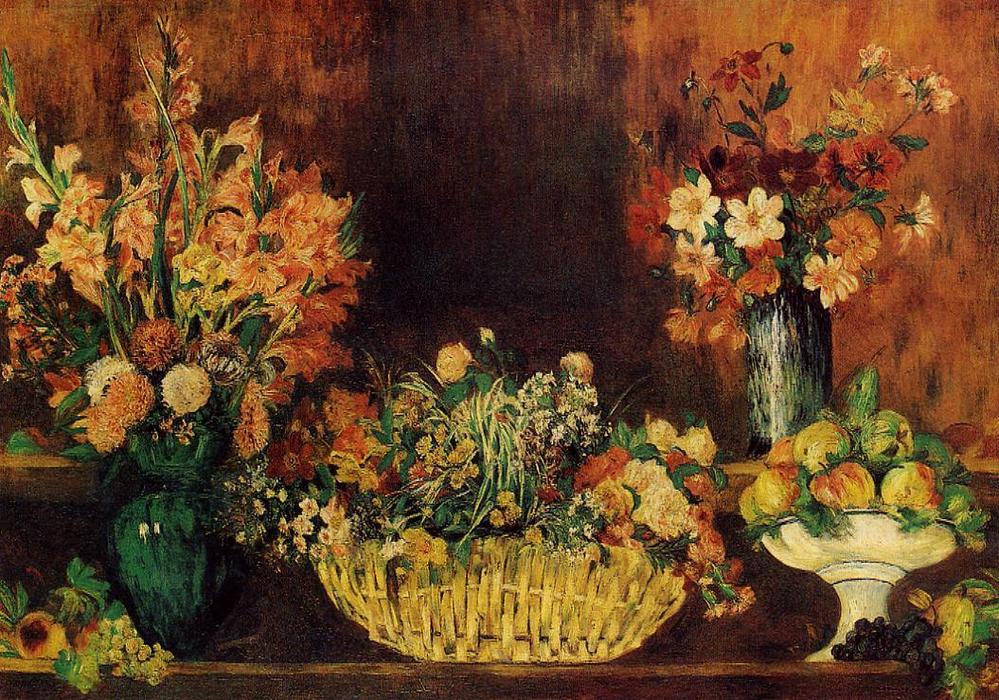 Order Paintings Reproductions Vase, Basket of Flowers and Fruit, 1890 by Pierre-Auguste Renoir (1841-1919, France) | ArtsDot.com