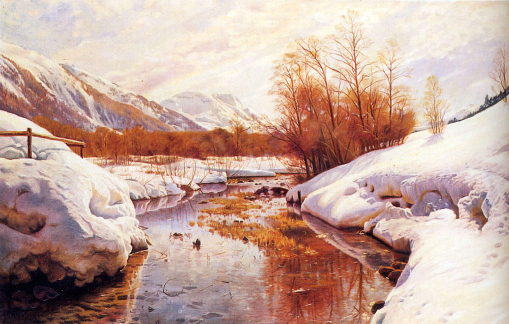 Buy Museum Art Reproductions A Mountain Torrent In A Winter Landscape by Peder Mork Monsted (1859-1941, Denmark) | ArtsDot.com