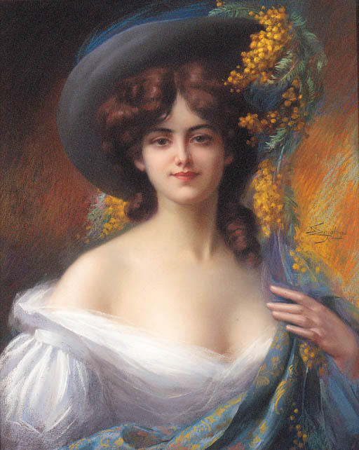 Order Oil Painting Replica A Young Beauty In A Hat Decorated With Yellow Flowers by Delphin Enjolras (1865-1945, France) | ArtsDot.com
