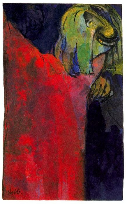 Order Art Reproductions Green Head above Red Cloak by Emile Nolde (Inspired By) (1867-1956, Germany) | ArtsDot.com