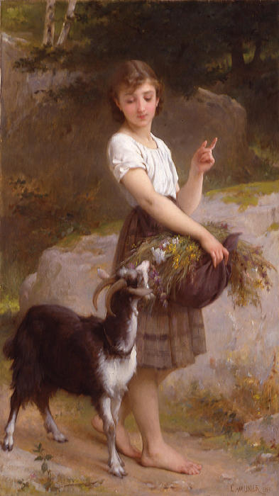 Order Paintings Reproductions Young Girl with Goat ^ Flowers by Emile Munier (1840-1895, France) | ArtsDot.com