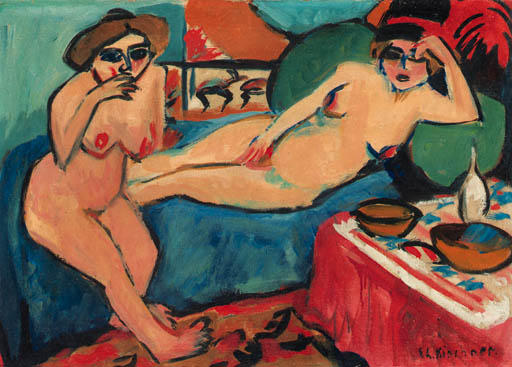Order Oil Painting Replica Two nudes on blue sofa 1 by Ernst Ludwig Kirchner (1880-1938, Germany) | ArtsDot.com