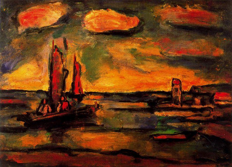 Buy Museum Art Reproductions Fishing boats with sun by Georges Rouault (Inspired By) (1871-1958, France) | ArtsDot.com