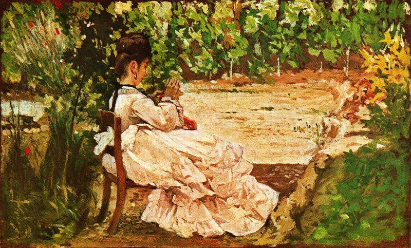 Order Paintings Reproductions Young lady sewing in the garden by Giovanni Fattori (1825-1908, Italy) | ArtsDot.com