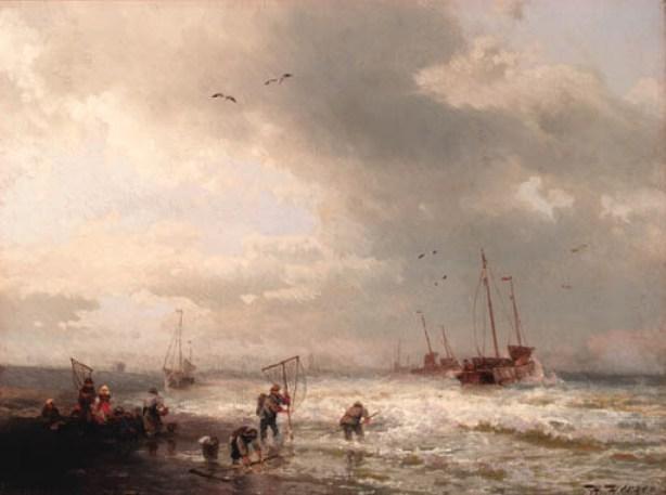 Order Oil Painting Replica Fishermen by the shore of a stormy sea by Herman Herzog (1832-1932, Germany) | ArtsDot.com