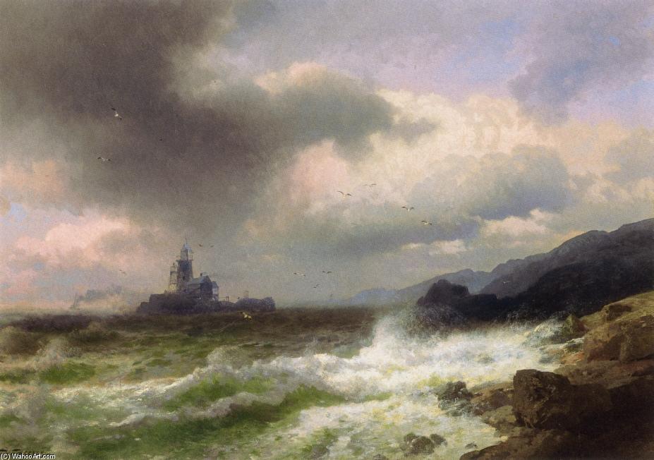 Order Oil Painting Replica Saddle Rock Lighthouse, Maine by Herman Herzog (1832-1932, Germany) | ArtsDot.com