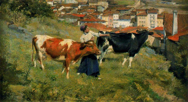 Buy Museum Art Reproductions Motrico. Village with cows by Ignacio Díaz Olano (1860-1937, Spain) | ArtsDot.com