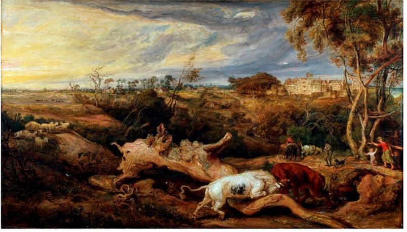 Order Oil Painting Replica Bulls Fighting, with a View of Donatt`s Castle, Glamorganshire by James Ward (1769-1859, United Kingdom) | ArtsDot.com