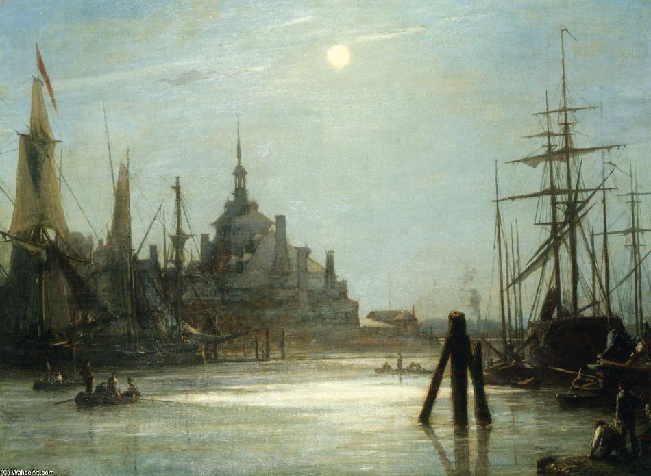 Order Oil Painting Replica The Hoofdpoort in Rotterdam, The effect of the Moon by Johan Barthold Jongkind (1819-1891, Netherlands) | ArtsDot.com