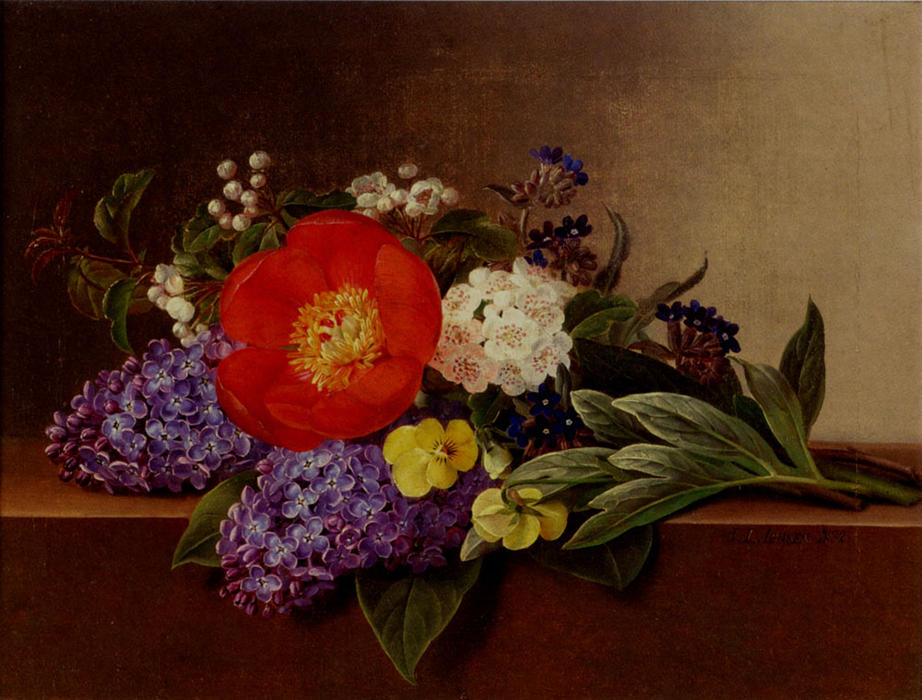 Order Artwork Replica Lilacs, Violets, Pansies, Hawthorn Cuttings, And Peonies On A Marble Ledge by Johan Laurentz Jensen (1800-1856, Denmark) | ArtsDot.com