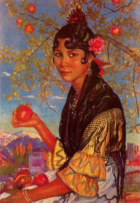 Order Oil Painting Replica Gipsy with pomegranate by Jorge Apperley (George Owen Wynne Apperley) (Inspired By) (1884-1960, United Kingdom) | ArtsDot.com