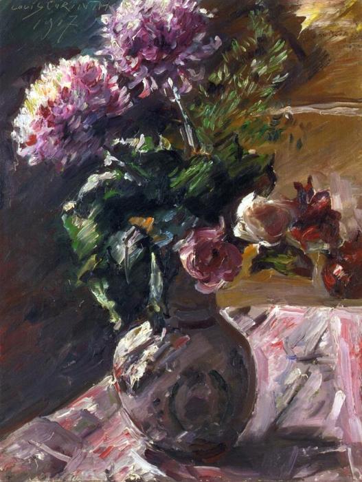 Order Oil Painting Replica Chrysanthemums and Roses in a Jug, 1917 by Lovis Corinth (Franz Heinrich Louis) (1858-1925, Netherlands) | ArtsDot.com