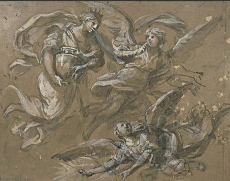 Order Art Reproductions Two angels and a saint carried by angels by Luca Giordano (1634-1705, Italy) | ArtsDot.com