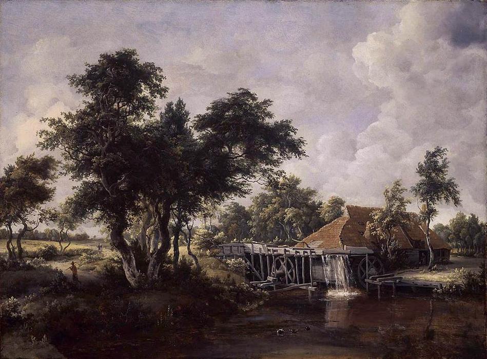 Order Oil Painting Replica Wooded Landscape with Water Mill by Meindert Hobbema (1638-1709, Netherlands) | ArtsDot.com