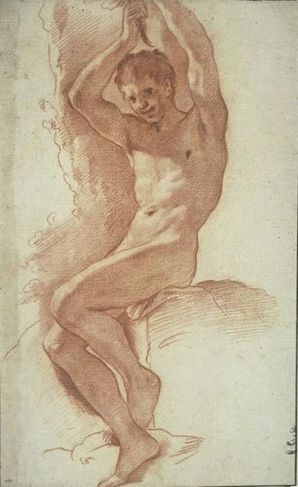 Order Paintings Reproductions Naked man, seated, with arms raised by Pietro Da Cortona (1596-1669, Italy) | ArtsDot.com