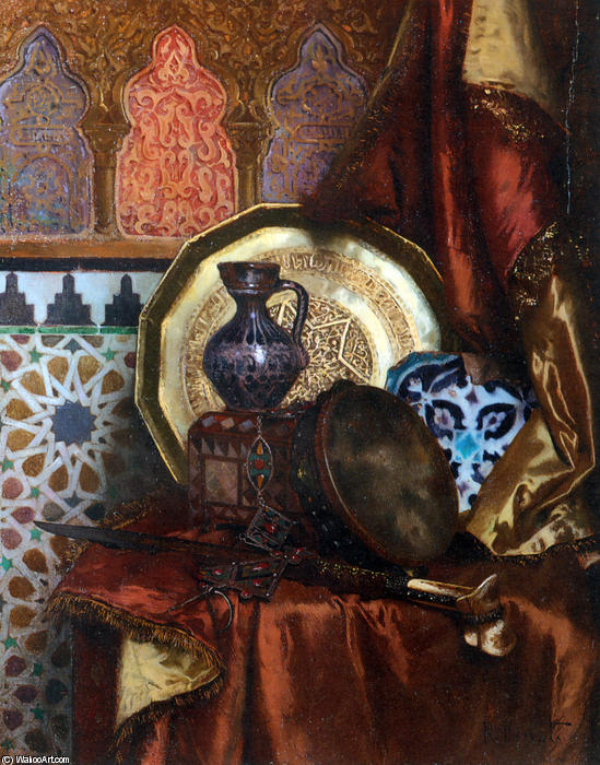 Order Oil Painting Replica A Tambourine, Knife, Moroccan Tile and Plate on Satin covered Table by Rudolph Ernst (1854-1932, Austria) | ArtsDot.com