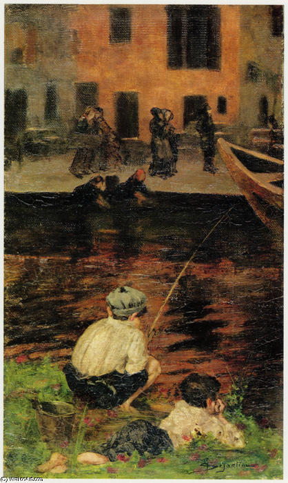 Order Oil Painting Replica Canal Naviglio with Two Fishing Boys by Giovanni Segantini (1858-1899, Austria) | ArtsDot.com