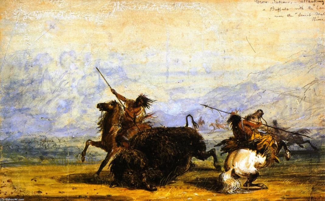 Order Oil Painting Replica Crow Indians Attacking a Buffalo with the Lance near the Sweet Water River by Alfred Jacob Miller (1810-1874, United States) | ArtsDot.com