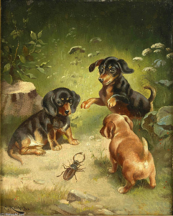 Order Art Reproductions Dachshund puppies at play by Carl Reichert (1836-1918, Germany) | ArtsDot.com