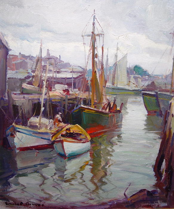 Order Art Reproductions Drying the Sails, Gloucester by Emile Albert Gruppé (Inspired By) (1896-1978, United States) | ArtsDot.com