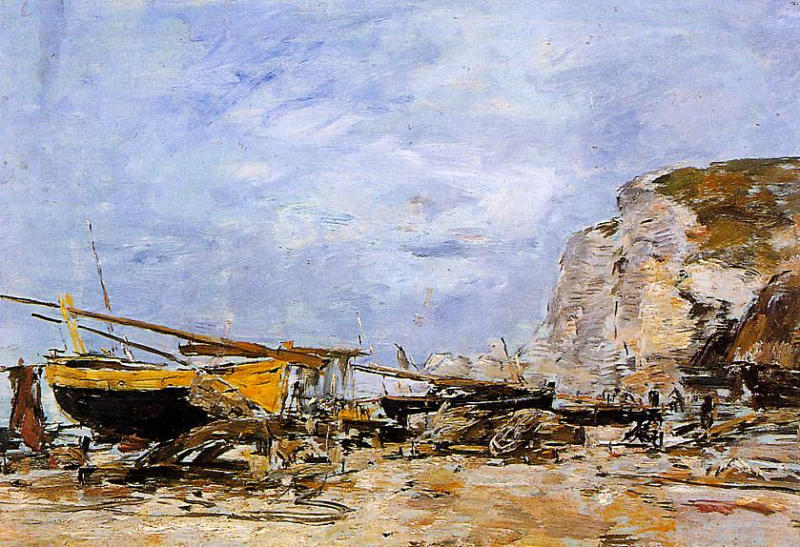 Ordinare Riproduzioni D'arte Etretat, barche Stranded on the Beach, 1890 di Eugène Louis Boudin (1824-1898, France) | ArtsDot.com
