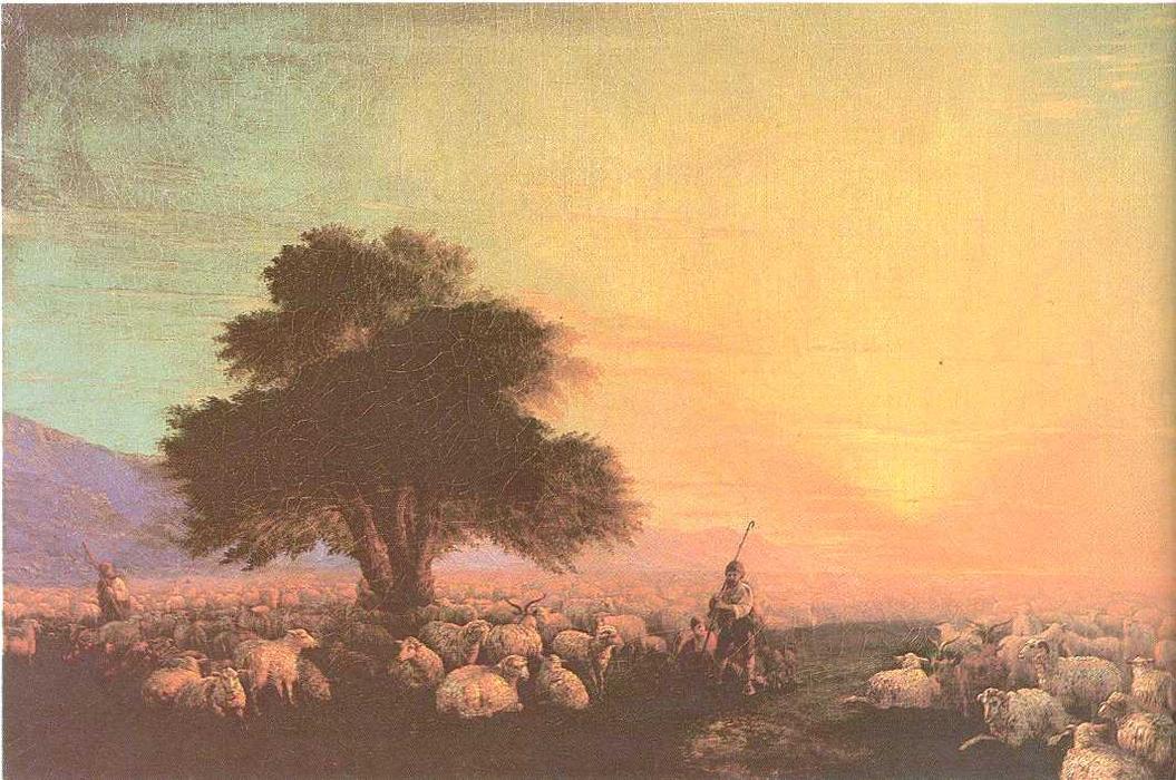 Order Art Reproductions Flock of sheep with herdsmen, sunset, 1860 by Ivan Aivazovsky (1817-1900, Russia) | ArtsDot.com
