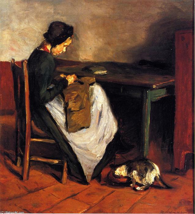 Order Artwork Replica Girl Sewing with Cat - Dutch Interior, 1884 by Max Liebermann (1847-1935, Germany) | ArtsDot.com