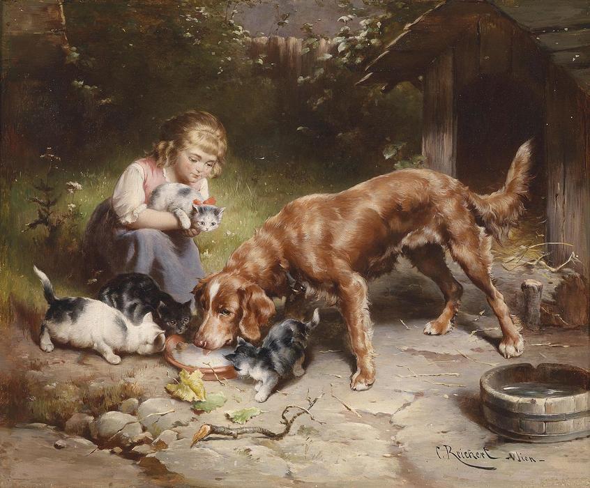 Order Artwork Replica Girl with dog and cats (also known as Dinner party) by Carl Reichert (1836-1918, Germany) | ArtsDot.com