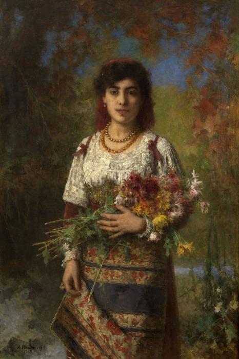 Buy Museum Art Reproductions Gypsy Girl with Flowers, 1907 by Alexei Alexeievich Harlamoff (1840-1925, Russia) | ArtsDot.com