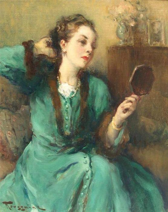 Order Oil Painting Replica Lady in the Green Dress with Mirror by Fernand Toussaint (Inspired By) (1873-1956, Belgium) | ArtsDot.com