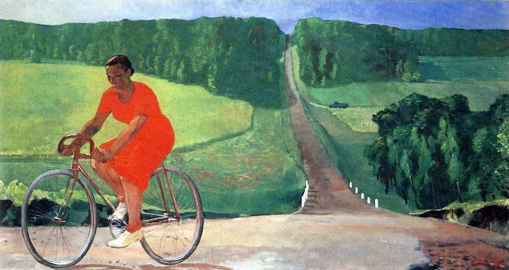 Order Paintings Reproductions Collective Farm Girl on a bike, 1935 by Aleksandr Deyneka (Inspired By) (1899-1969, Russia) | ArtsDot.com