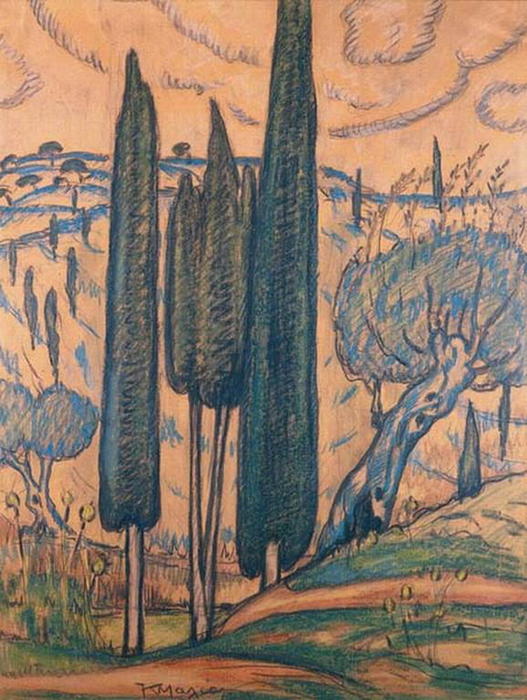 Order Art Reproductions Landscape with cypresses by Konstantinos Maleas (1879-1928, Turkey) | ArtsDot.com