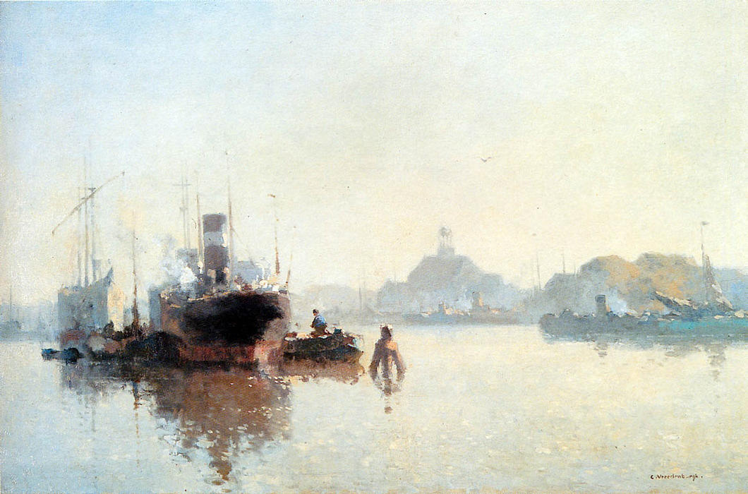 Order Oil Painting Replica Harbour At Amsterdam by Cornelis Vreedenburgh (1880-1946, Netherlands) | ArtsDot.com