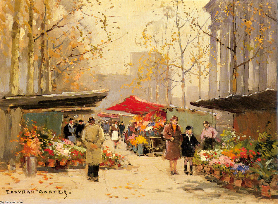 Order Paintings Reproductions Flower Stalls at La Madeleine by Edouard Cortes (Inspired By) (1882-1969, France) | ArtsDot.com