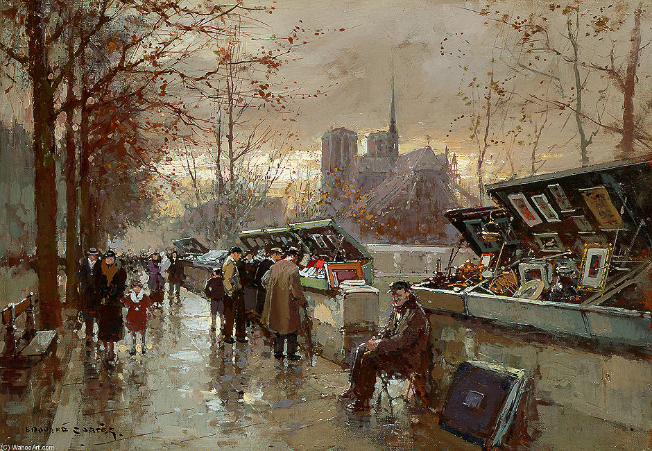 Order Oil Painting Replica Bouquinistes de Notre Dame by Edouard Cortes (Inspired By) (1882-1969, France) | ArtsDot.com