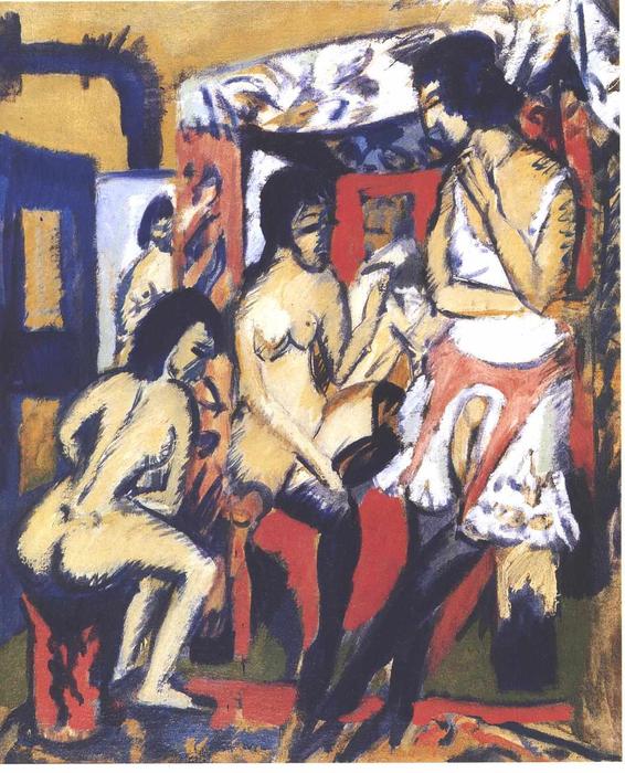 Buy Museum Art Reproductions Nudes in Atelier by Ernst Ludwig Kirchner (1880-1938, Germany) | ArtsDot.com