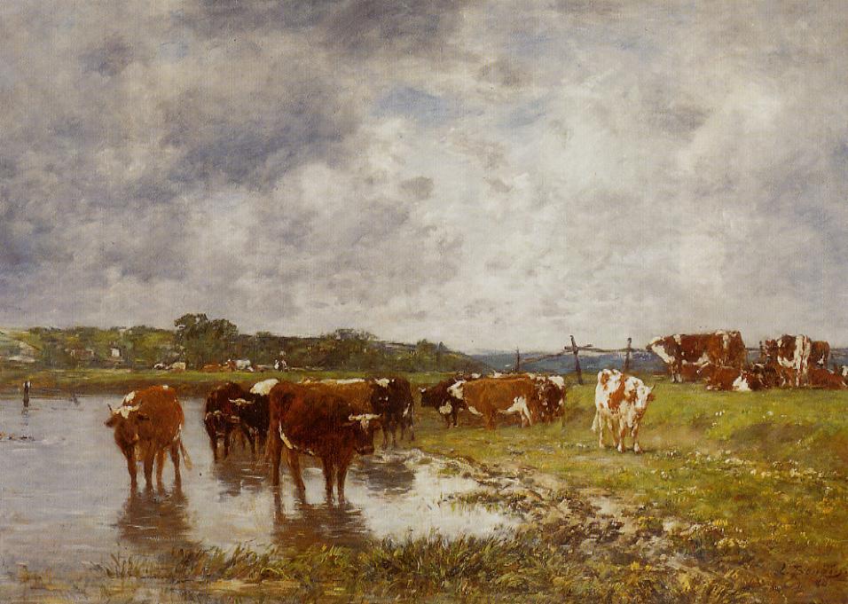 Order Paintings Reproductions Cows in a Meadow on the Banks of the Toques, 1880 by Eugène Louis Boudin (1824-1898, France) | ArtsDot.com