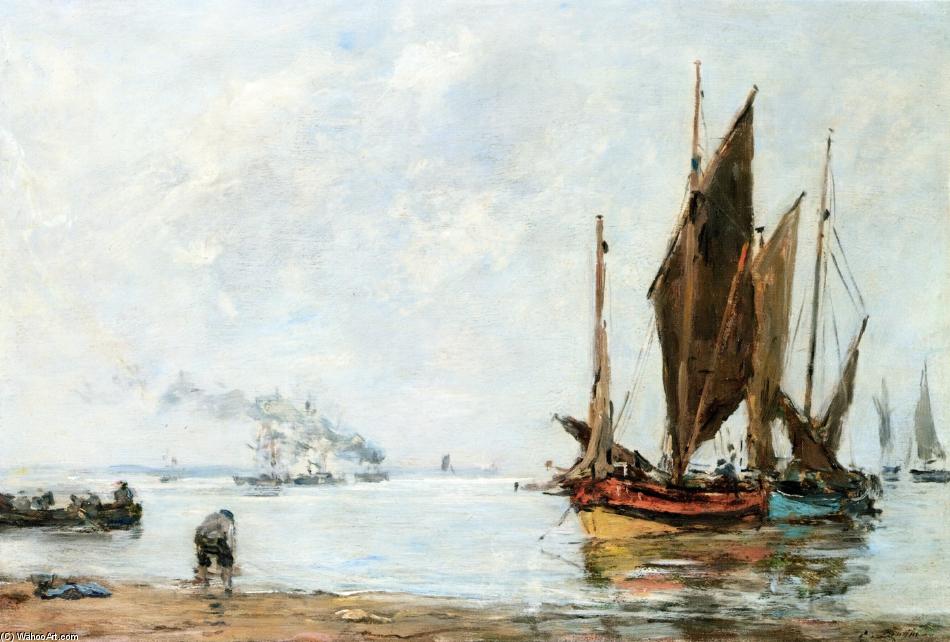 Buy Museum Art Reproductions Boats At Anchor along the Shore by Eugène Louis Boudin (1824-1898, France) | ArtsDot.com
