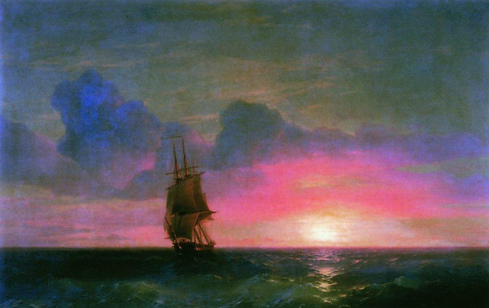 Buy Museum Art Reproductions Sunset. A lone sailboat, 1853 by Ivan Aivazovsky (1817-1900, Russia) | ArtsDot.com